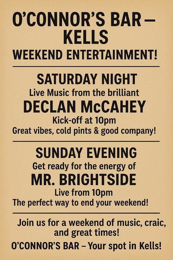 May Bank Holiday Events at O'Connor's Bar, Kells, Meath